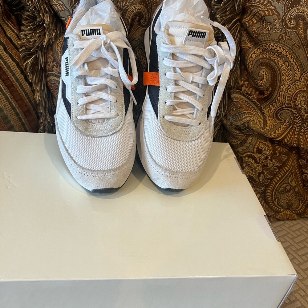 PUMA White and Black Sneakers with Orange Accent